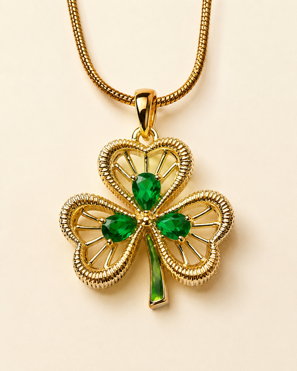 Emerald Green Three-Leaf Clover Gold-Plated Pendant Necklace