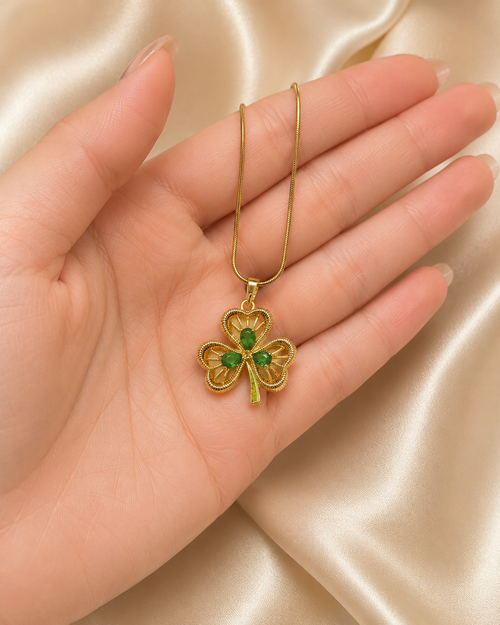 Emerald Green Three-Leaf Clover Gold-Plated Pendant Necklace