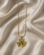 Emerald Green Three-Leaf Clover Gold-Plated Pendant Necklace