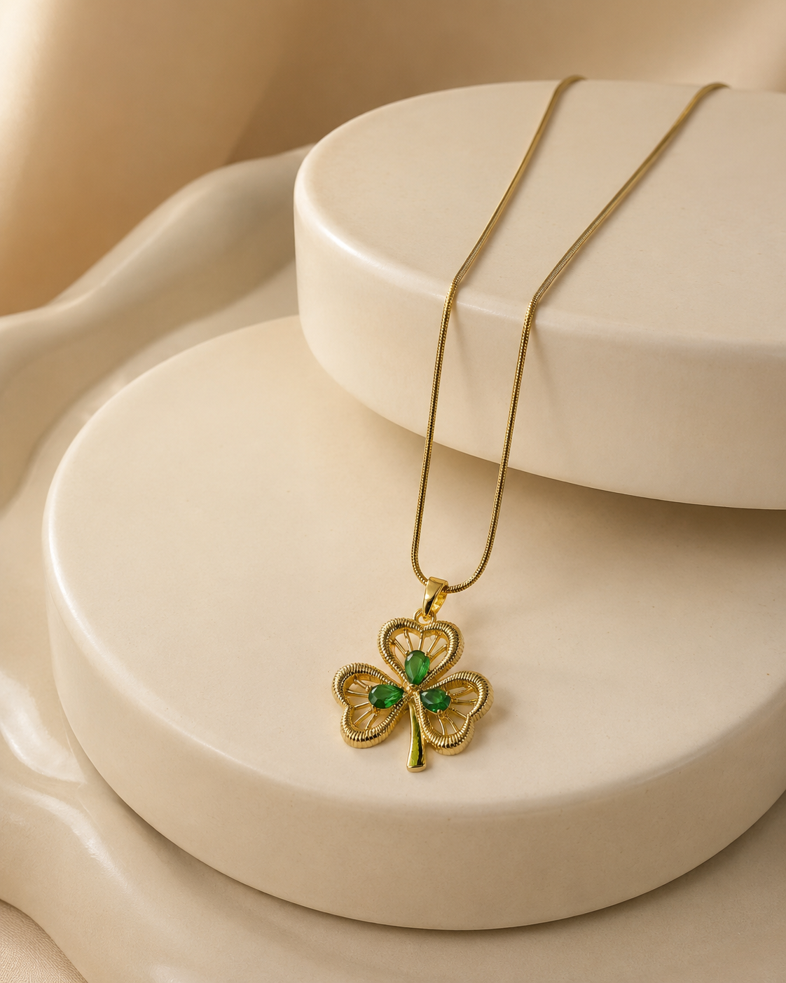 Emerald Green Three-Leaf Clover Gold-Plated Pendant Necklace