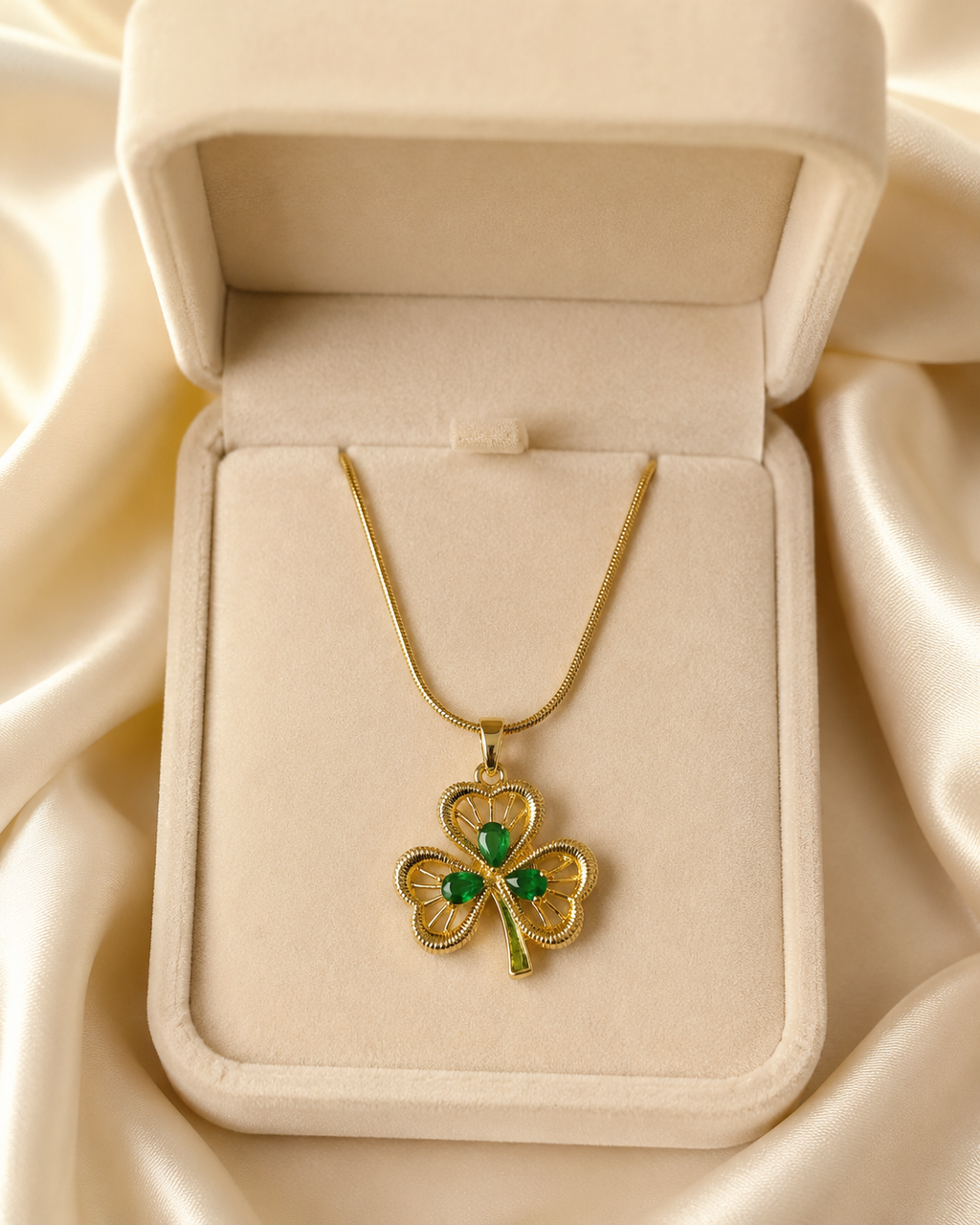 Emerald Green Three-Leaf Clover Gold-Plated Pendant Necklace