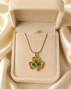 Emerald Green Three-Leaf Clover Gold-Plated Pendant Necklace