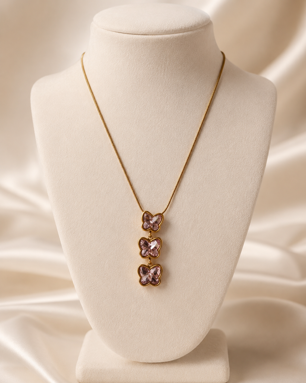 Blush Pink Triple Butterfly Gold-Plated Drop Necklace