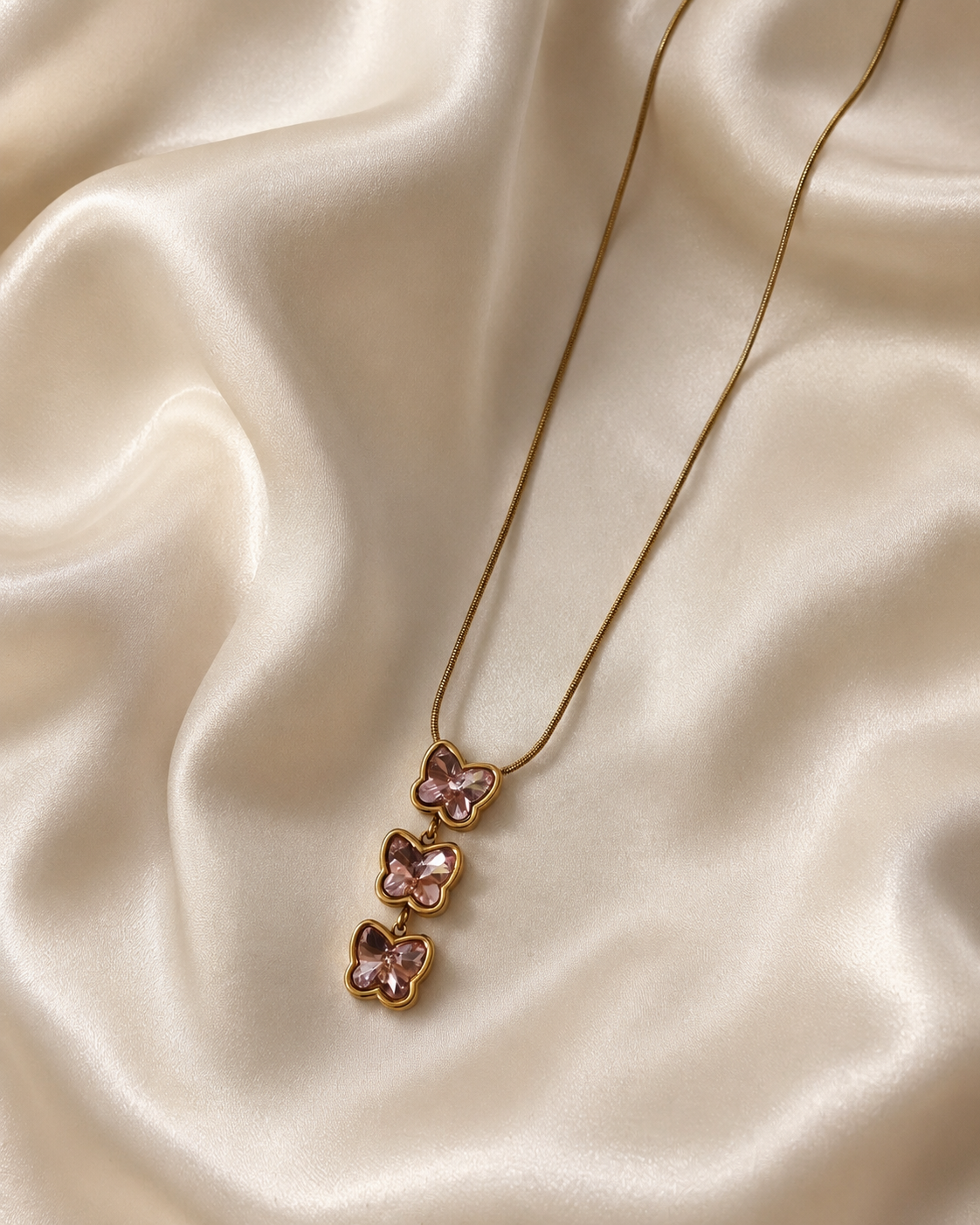 Blush Pink Triple Butterfly Gold-Plated Drop Necklace