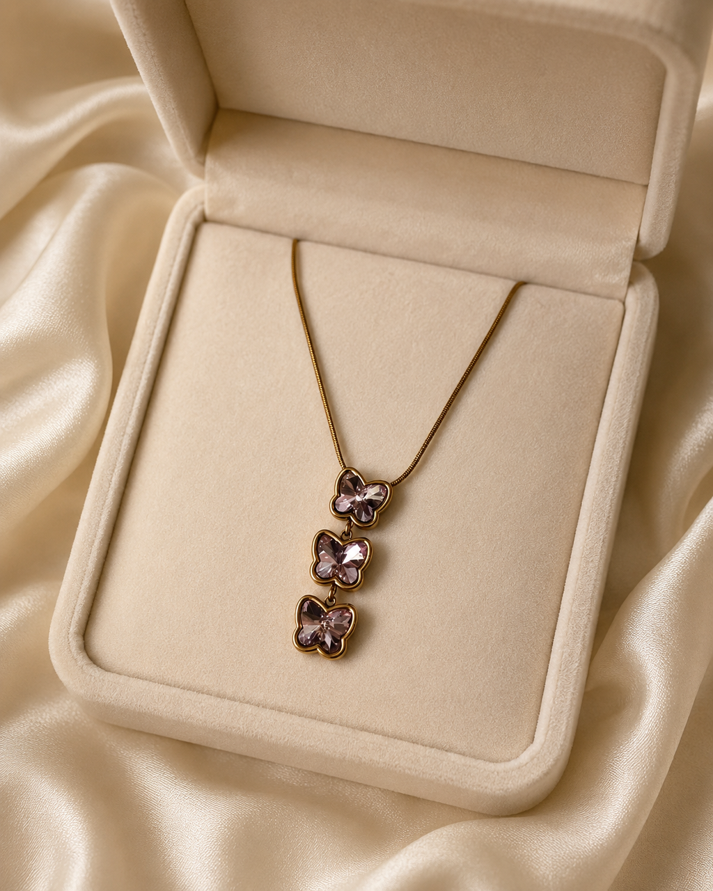 Blush Pink Triple Butterfly Gold-Plated Drop Necklace
