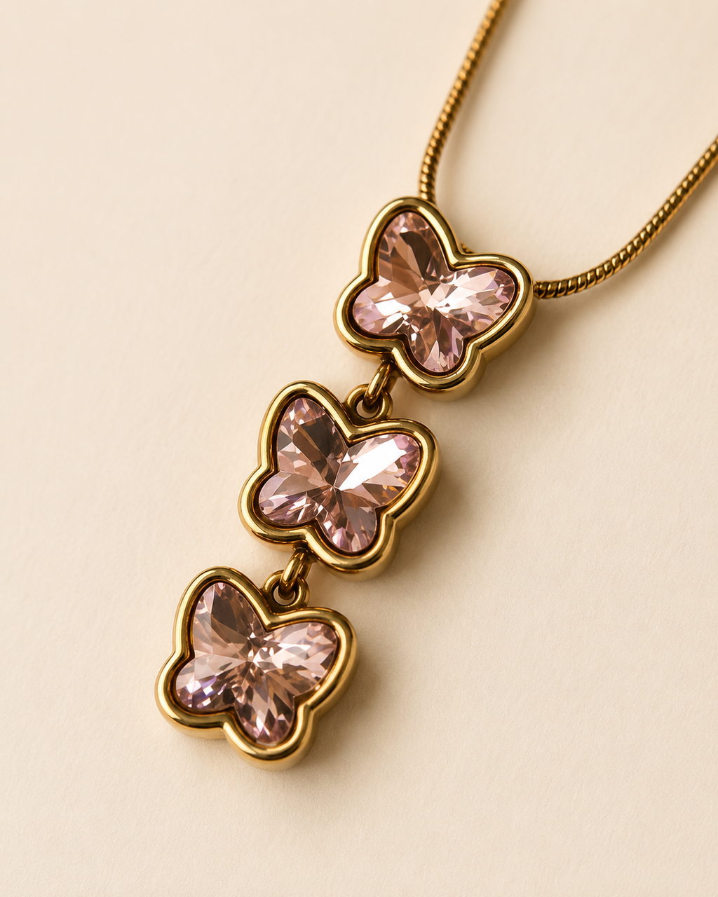 Blush Pink Triple Butterfly Gold-Plated Drop Necklace