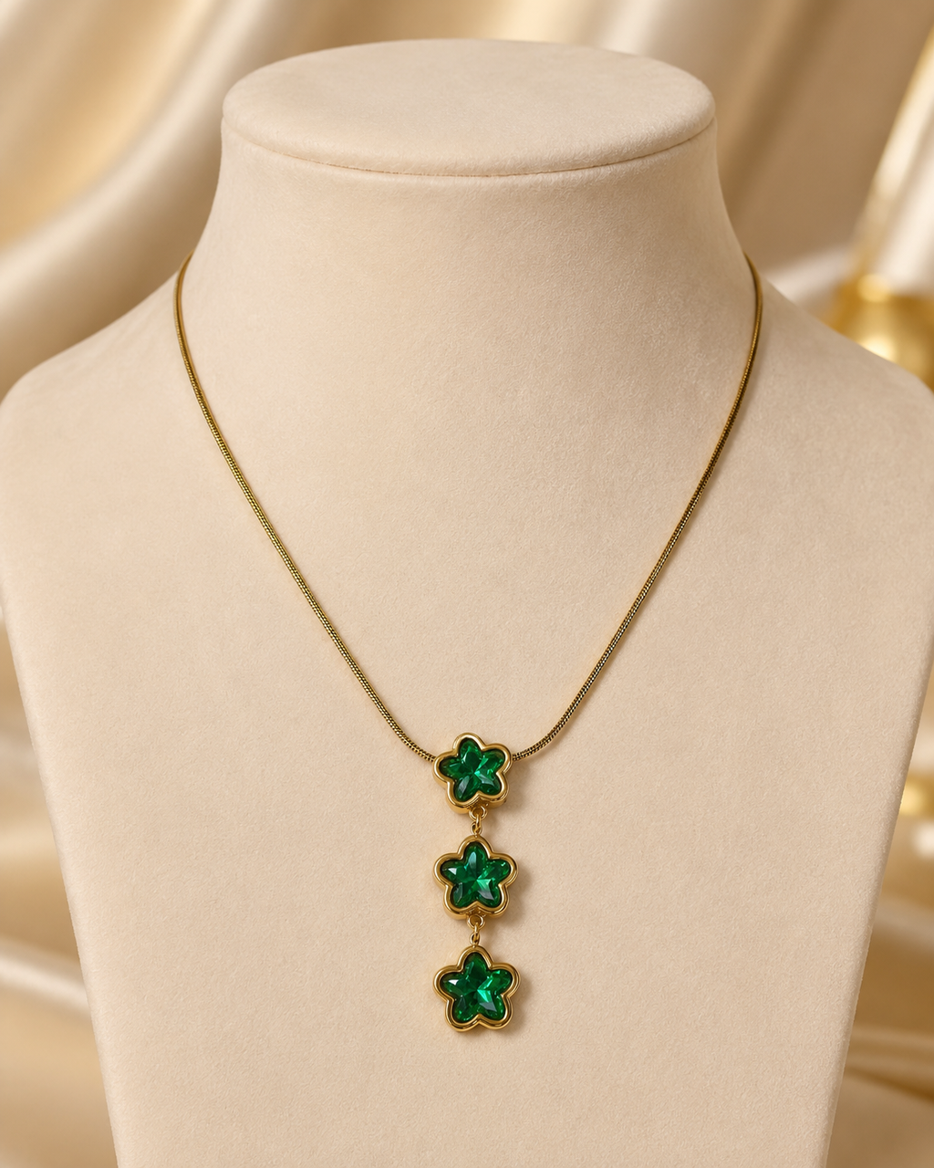 Emerald Green Triple Star Gold-Plated Drop Necklace