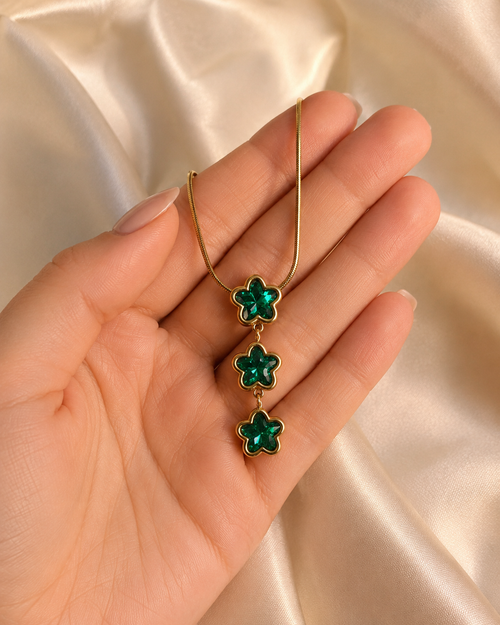 Emerald Green Triple Star Gold-Plated Drop Necklace