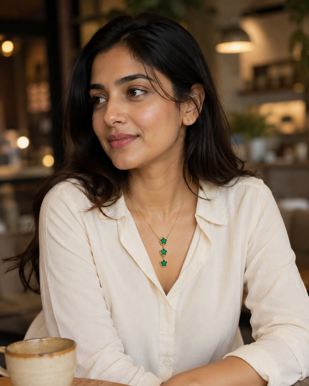 Emerald Green Triple Star Gold-Plated Drop Necklace