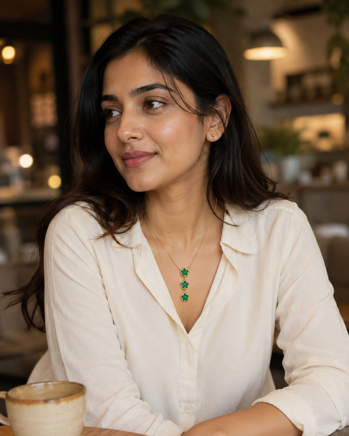 Emerald Green Triple Star Gold-Plated Drop Necklace