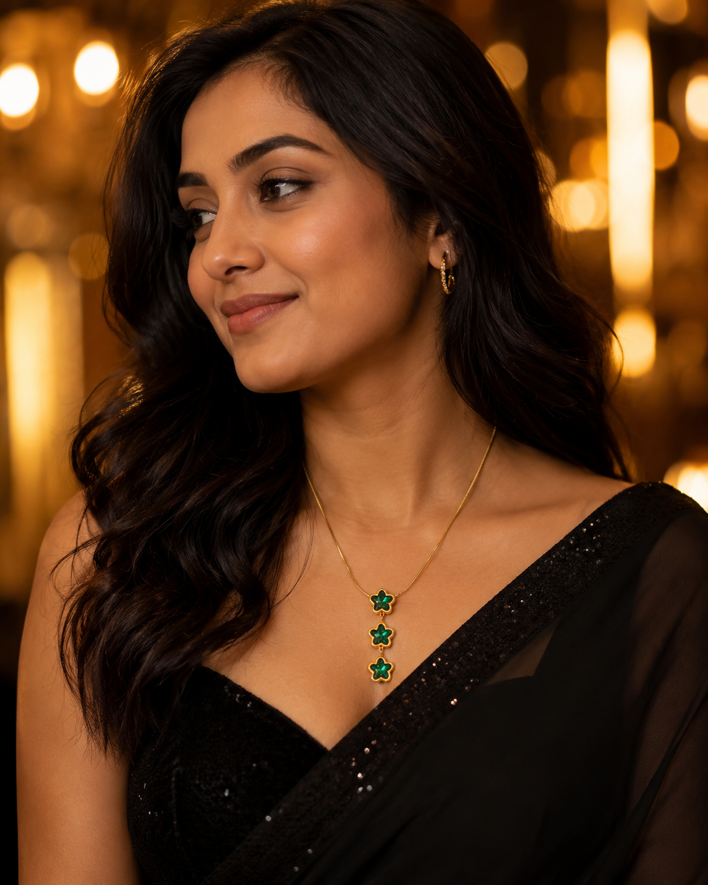 Emerald Green Triple Star Gold-Plated Drop Necklace