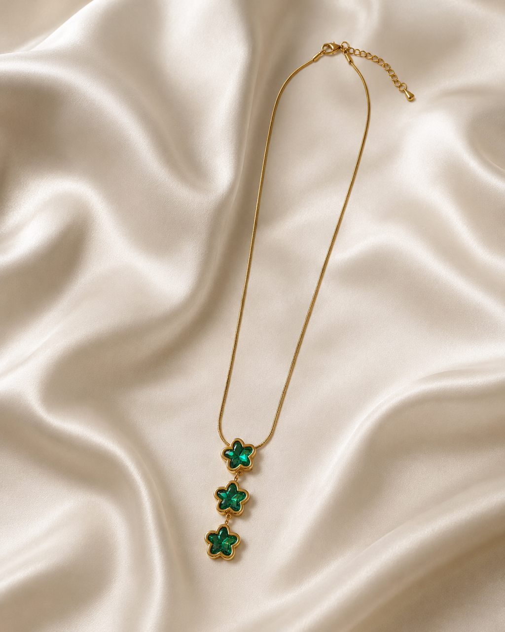 Emerald Green Triple Star Gold-Plated Drop Necklace