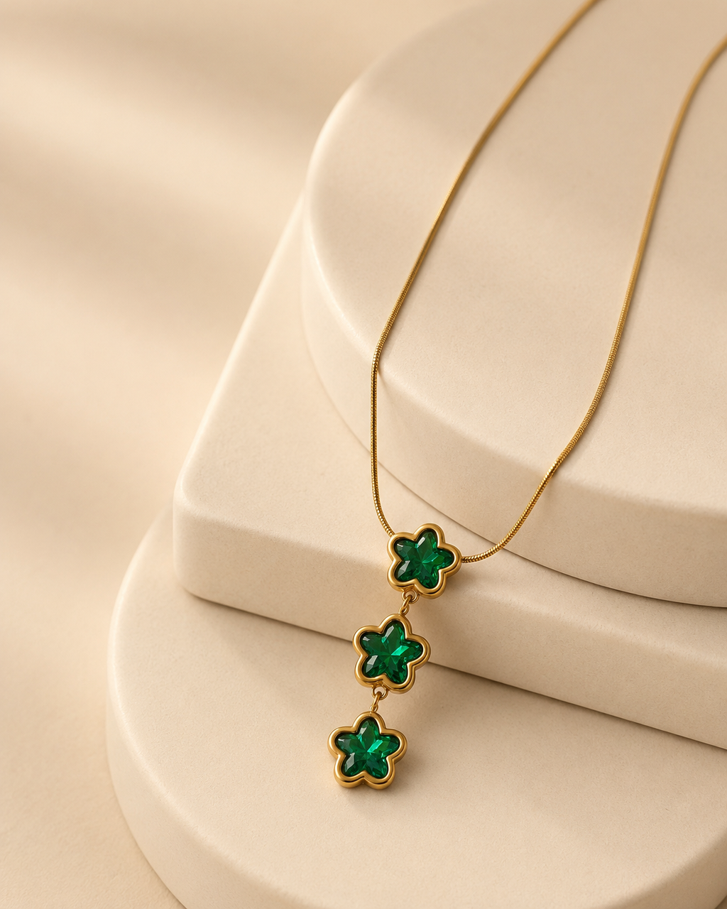 Emerald Green Triple Star Gold-Plated Drop Necklace