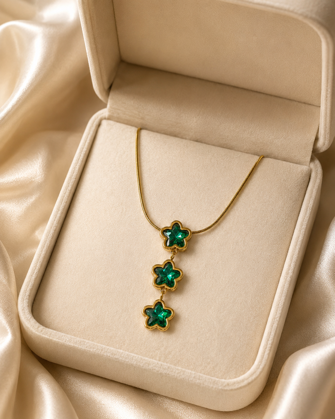 Emerald Green Triple Star Gold-Plated Drop Necklace