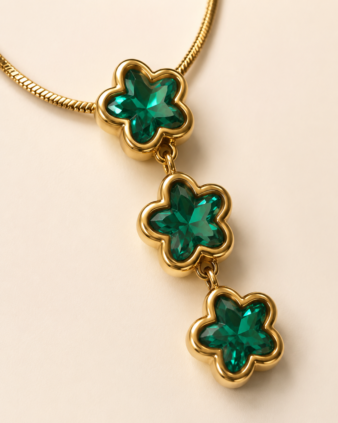 Emerald Green Triple Star Gold-Plated Drop Necklace