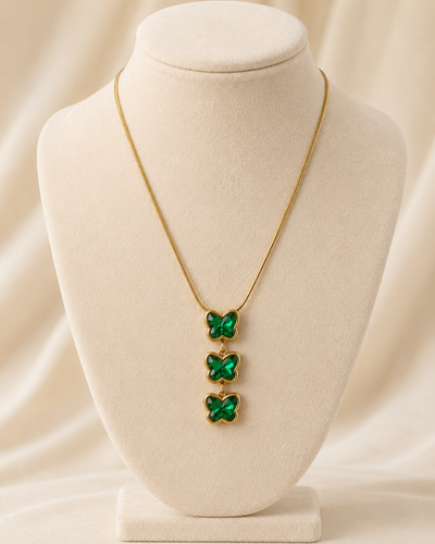 Emerald Green Triple Butterfly Gold-Plated Necklace