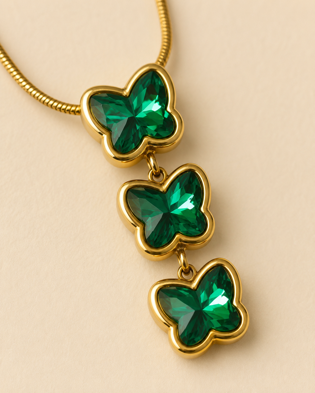 Emerald Green Triple Butterfly Gold-Plated Necklace