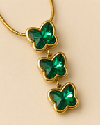 Emerald Green Triple Butterfly Gold-Plated Necklace