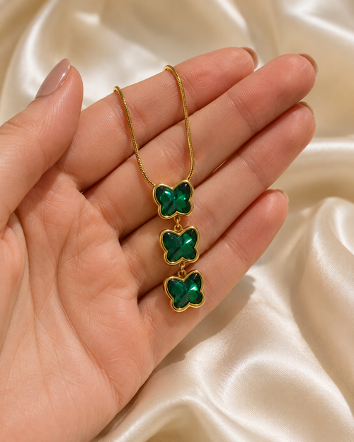 Emerald Green Triple Butterfly Gold-Plated Necklace