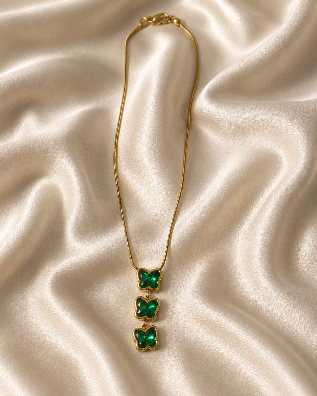 Emerald Green Triple Butterfly Gold-Plated Necklace