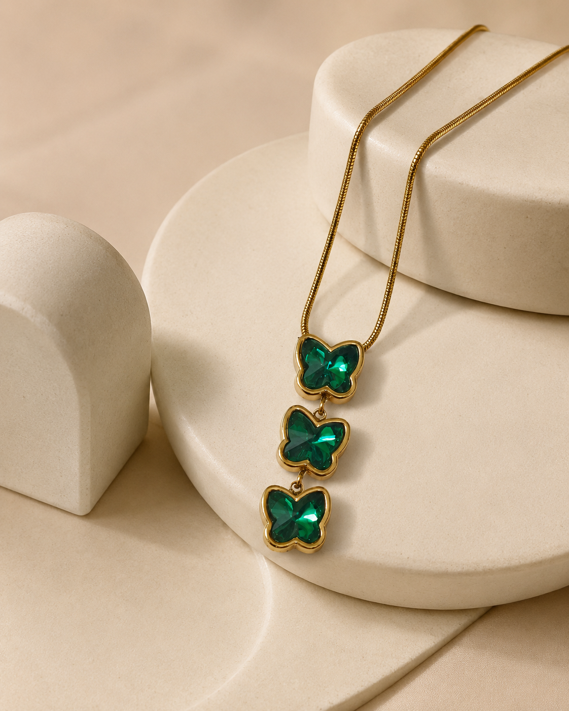 Emerald Green Triple Butterfly Gold-Plated Necklace