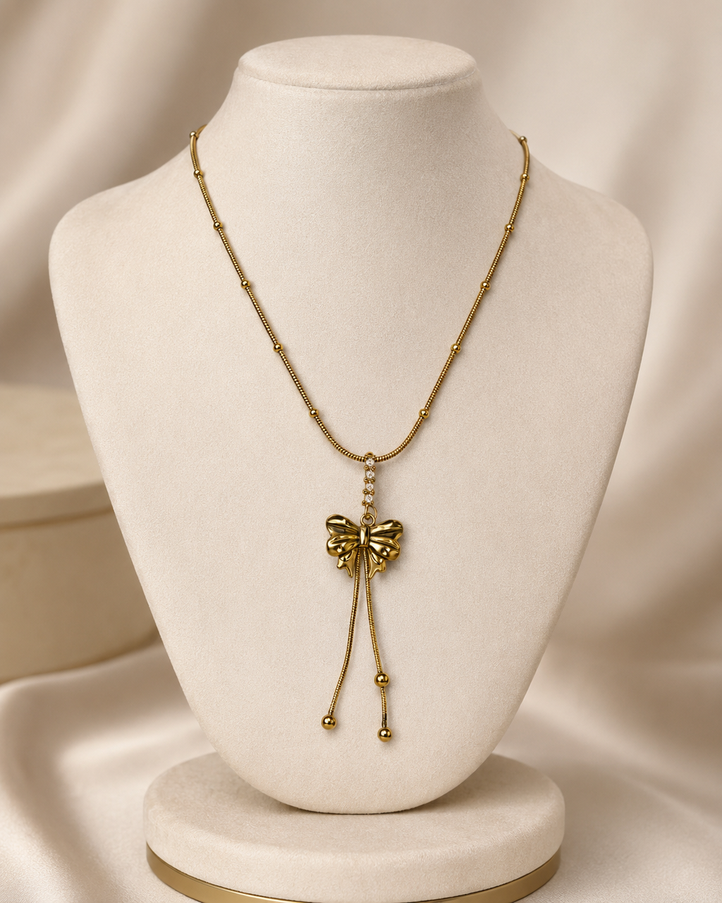 Elegant Gold Bow Tassel Drop Necklace