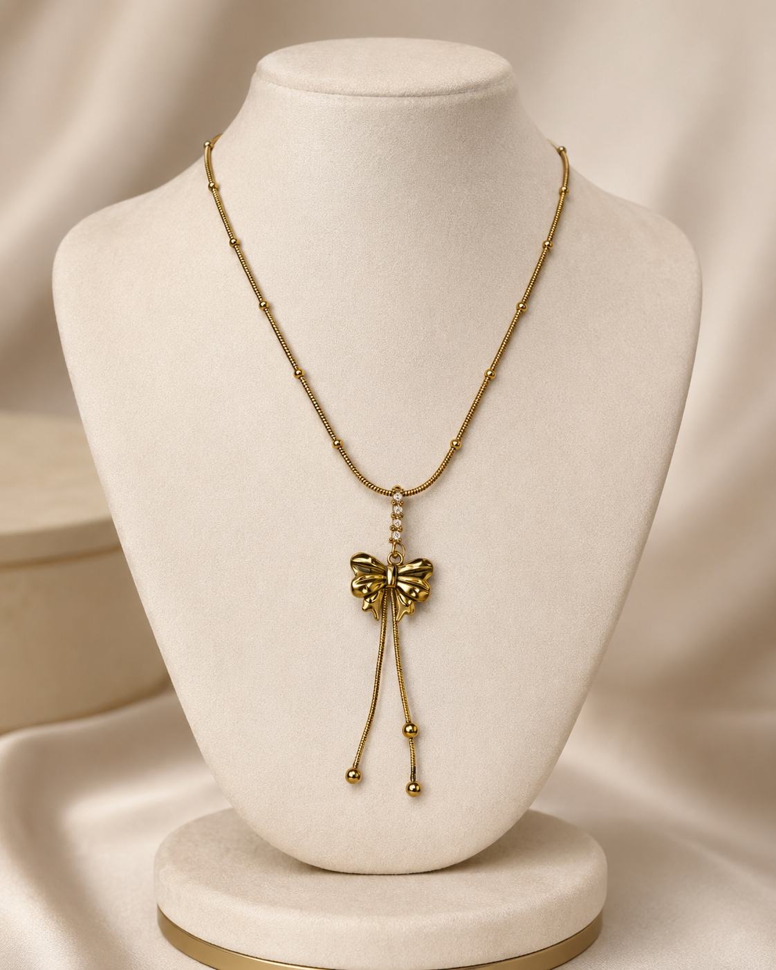 Elegant Gold Bow Tassel Drop Necklace