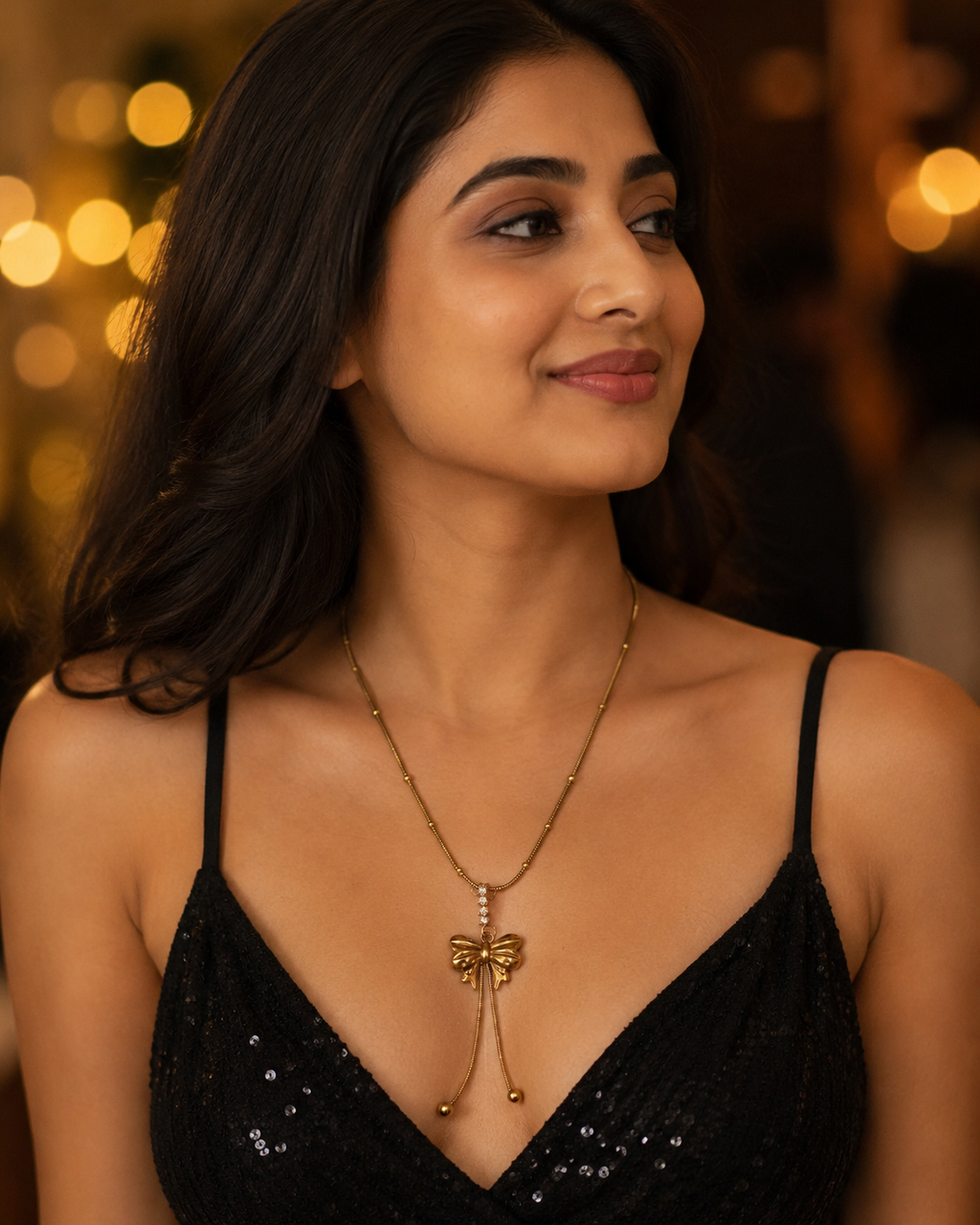 Elegant Gold Bow Tassel Drop Necklace