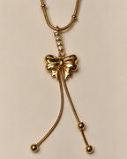Elegant Gold Bow Tassel Drop Necklace