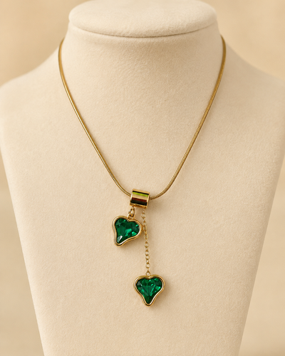 Emerald Green Asymmetric Double Heart Drop Necklace