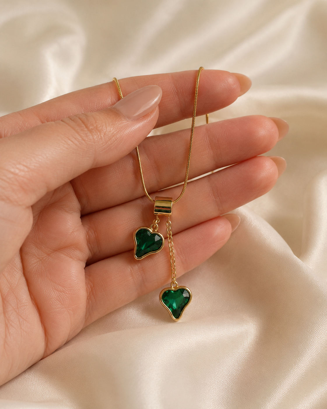 Emerald Green Asymmetric Double Heart Drop Necklace
