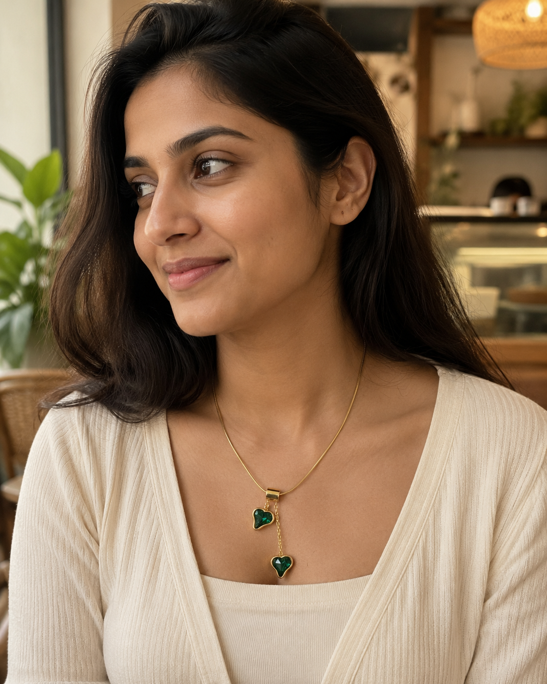 Emerald Green Asymmetric Double Heart Drop Necklace