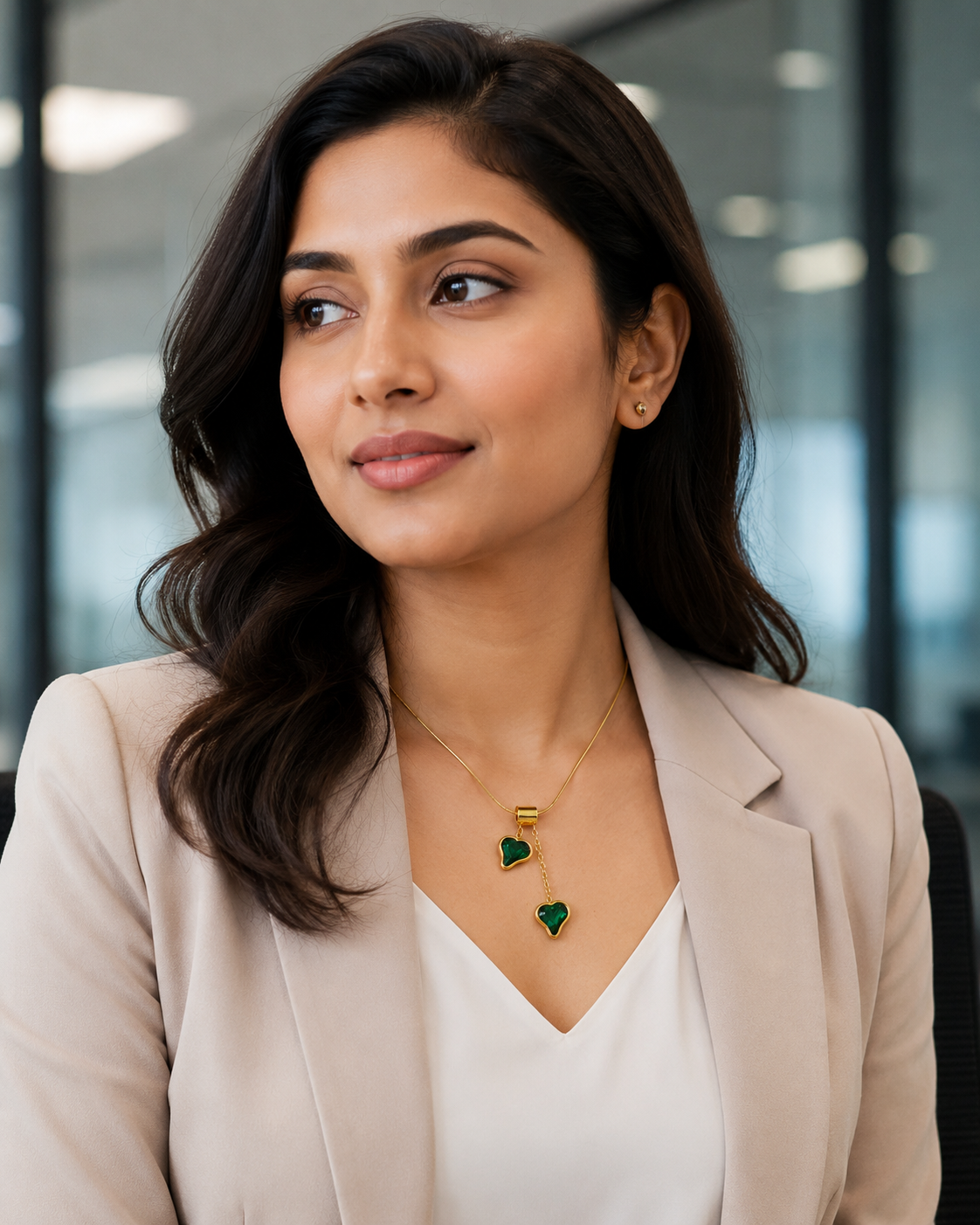Emerald Green Asymmetric Double Heart Drop Necklace