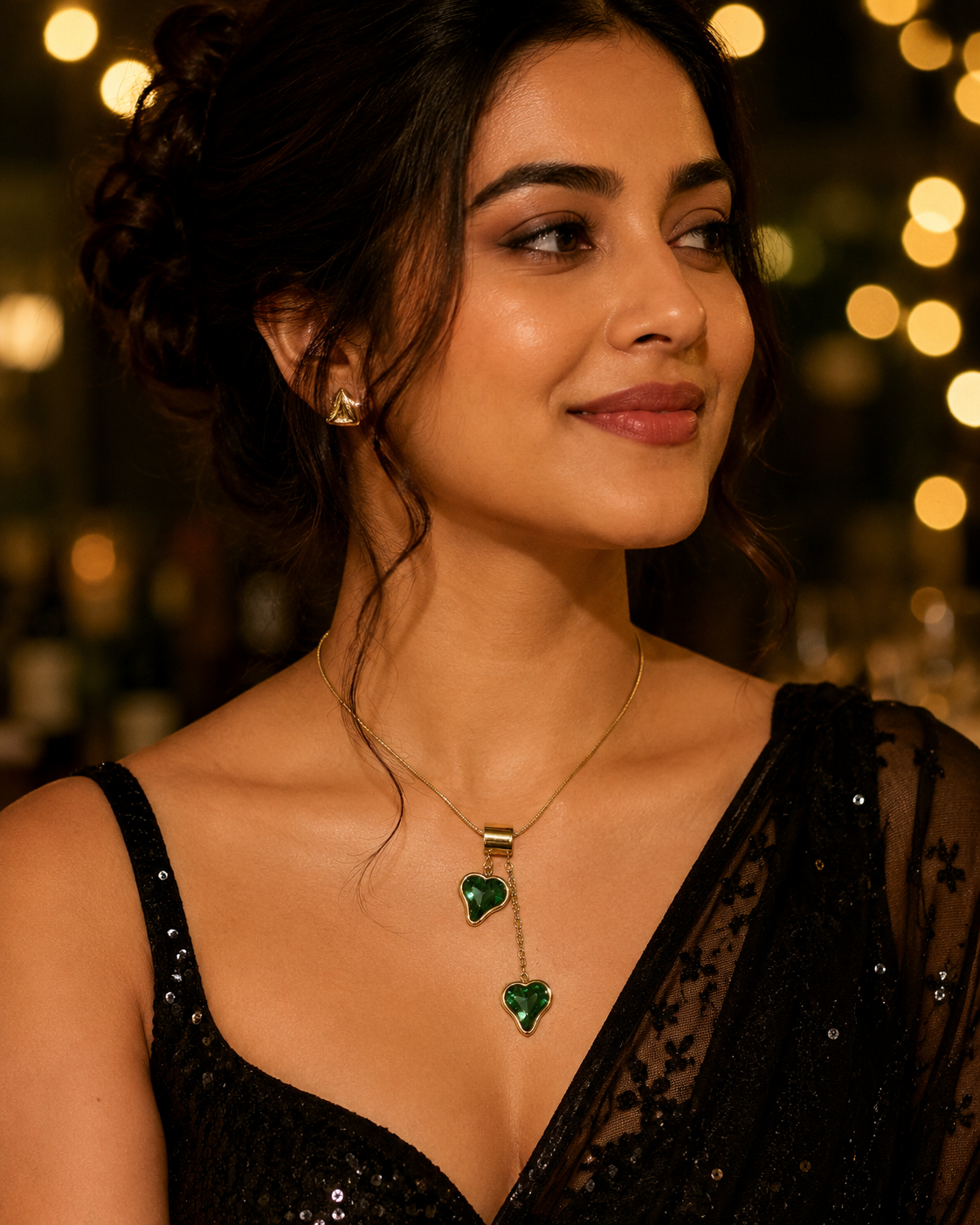 Emerald Green Asymmetric Double Heart Drop Necklace