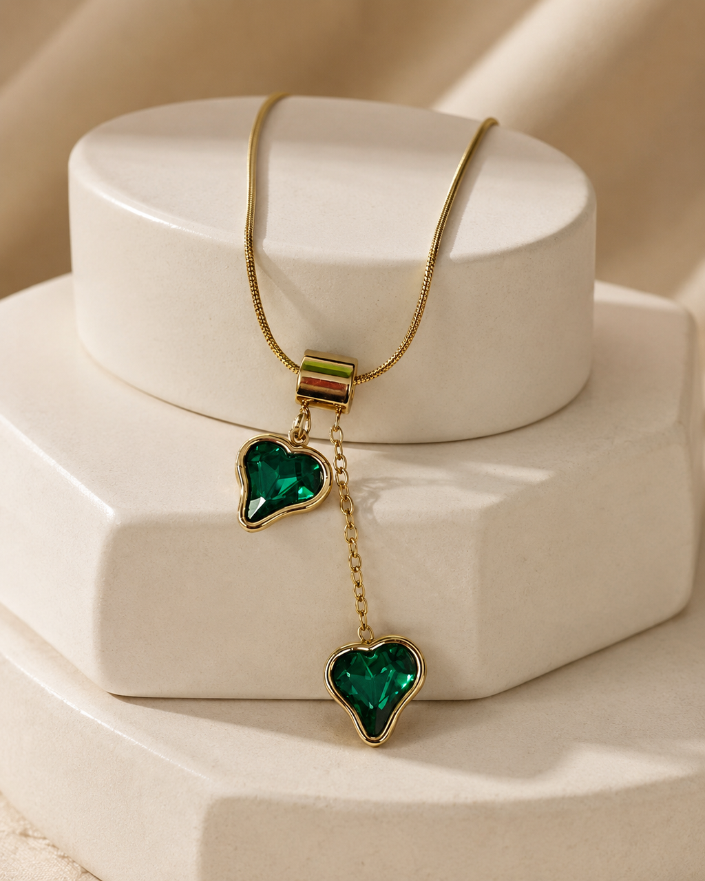 Emerald Green Asymmetric Double Heart Drop Necklace