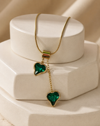 Emerald Green Asymmetric Double Heart Drop Necklace