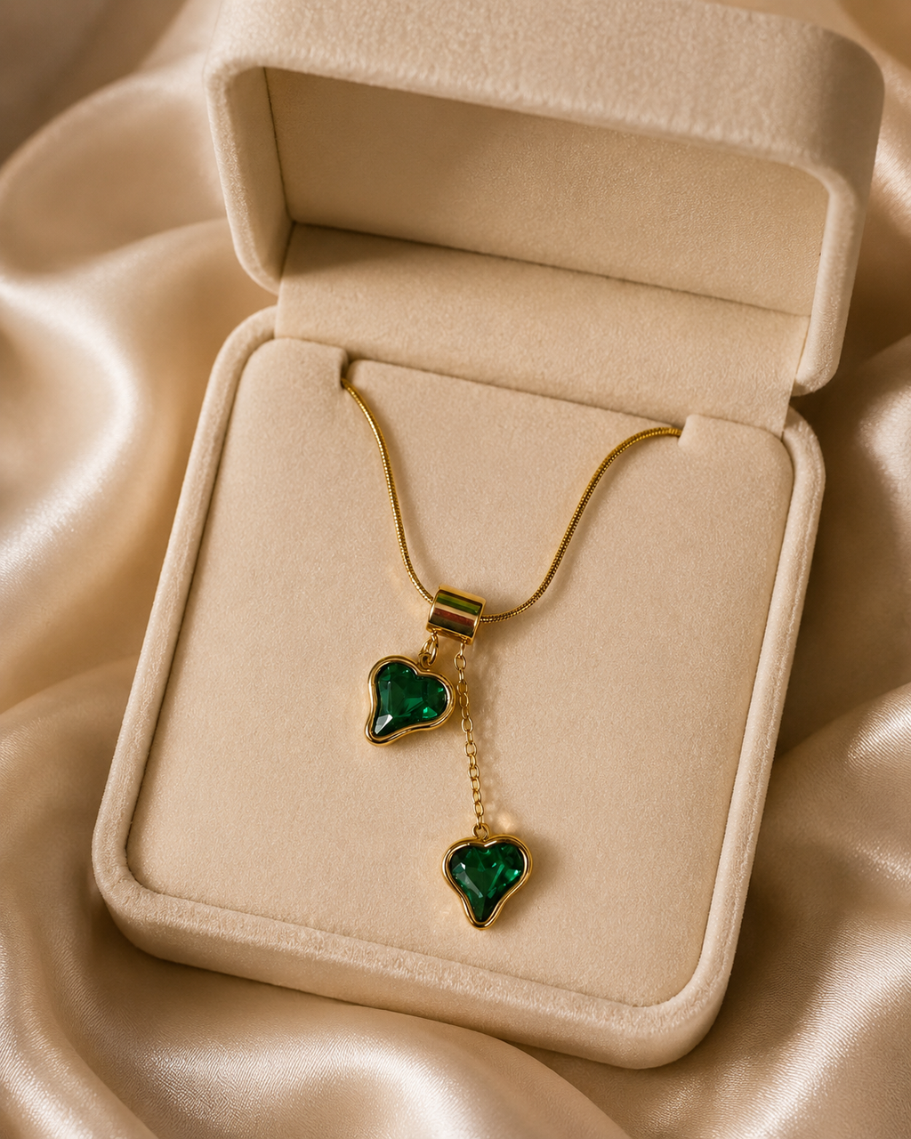 Emerald Green Asymmetric Double Heart Drop Necklace