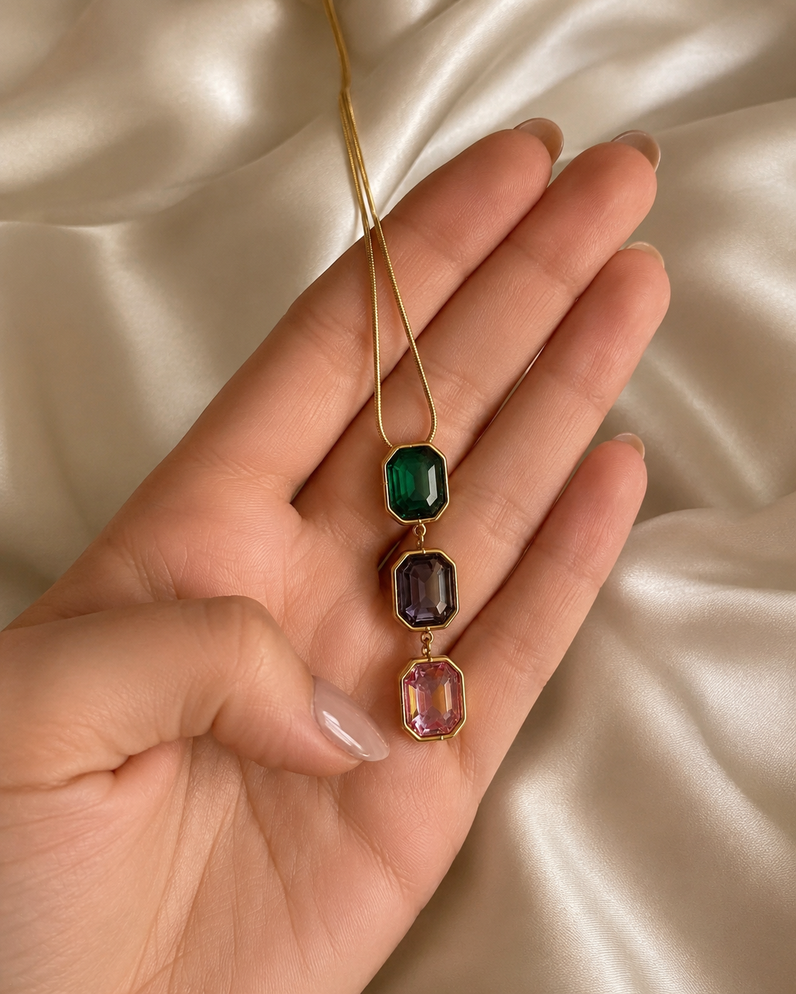 Multicolour Triple Octagon Crystal Gold-Plated Necklace