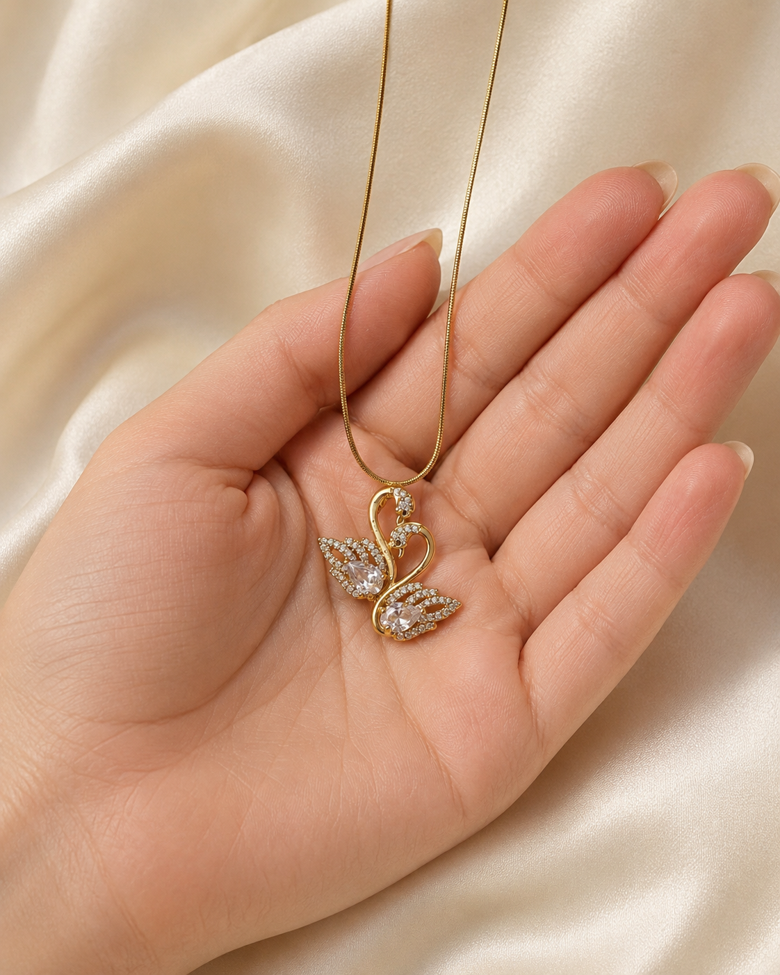 Elegant Double Swan Crystal Gold-Plated Pendant Necklace