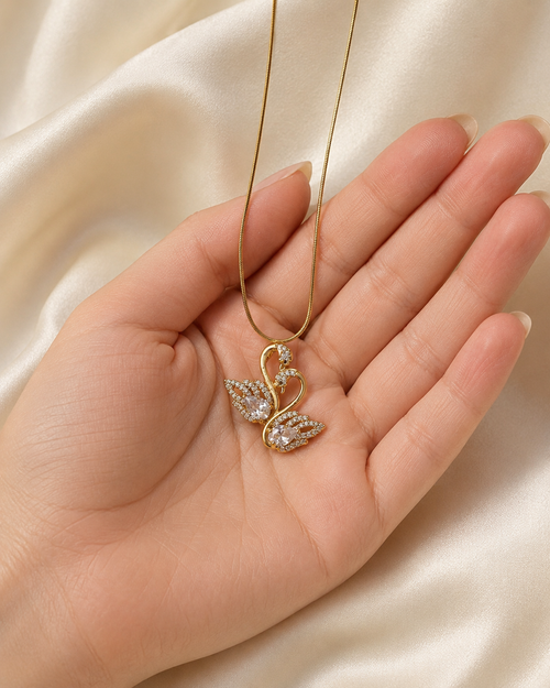 Elegant Double Swan Crystal Gold-Plated Pendant Necklace