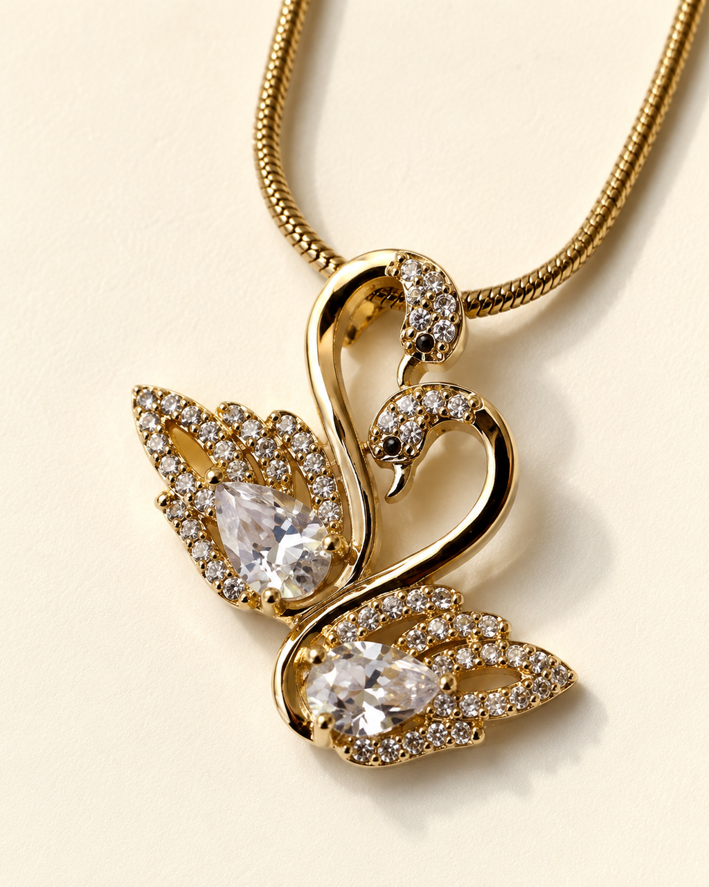 Elegant Double Swan Crystal Gold-Plated Pendant Necklace
