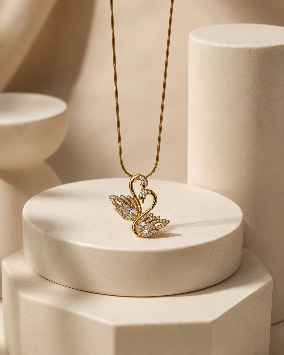 Elegant Double Swan Crystal Gold-Plated Pendant Necklace