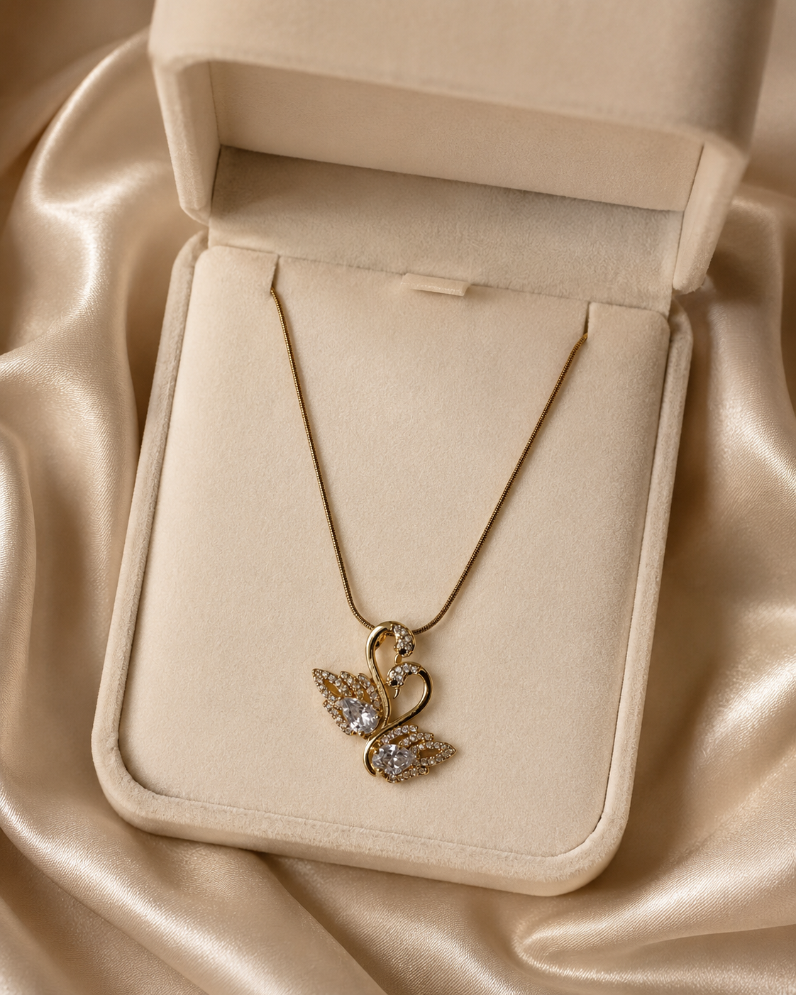 Elegant Double Swan Crystal Gold-Plated Pendant Necklace