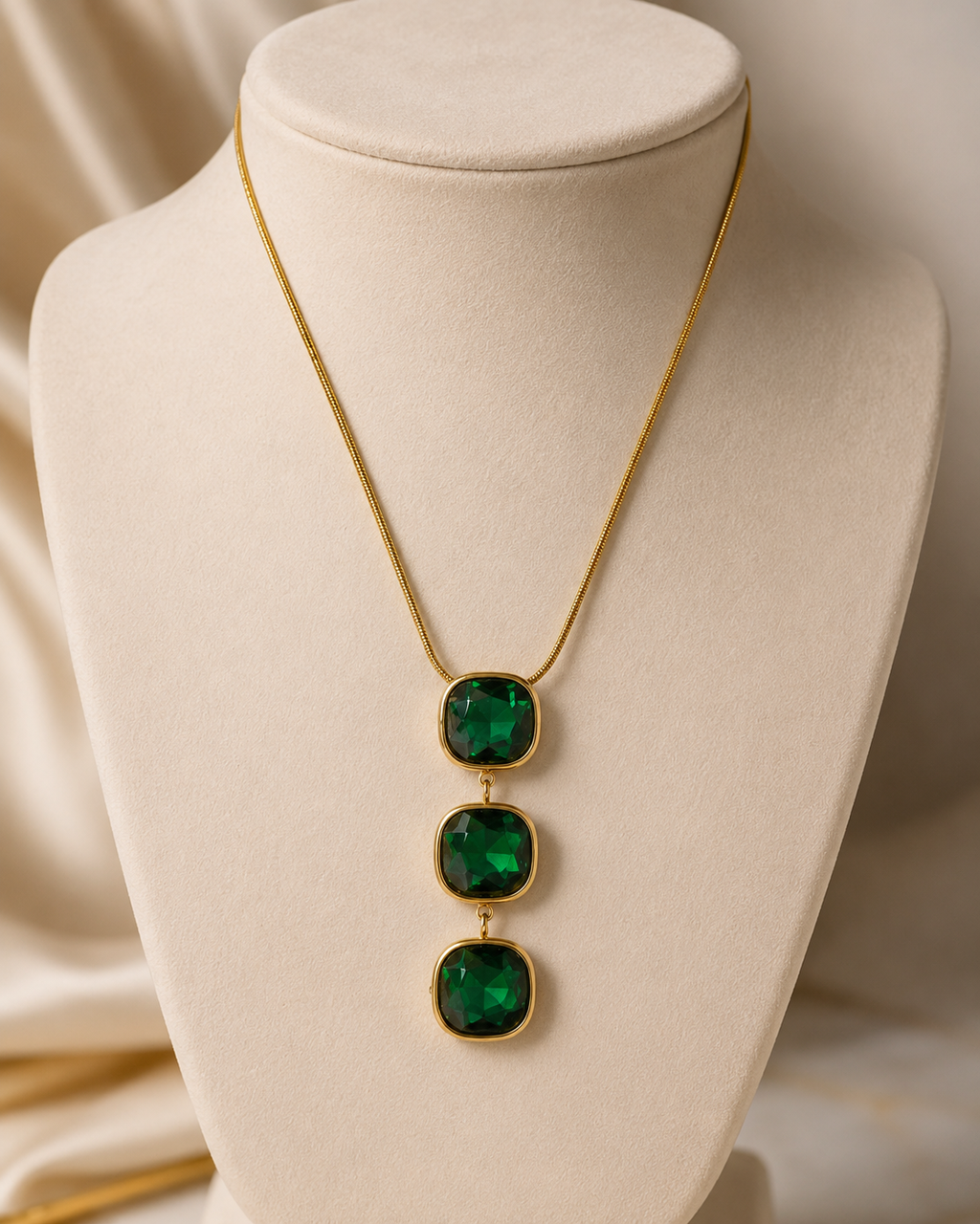 Emerald Green Triple Cushion Crystal Drop Necklace