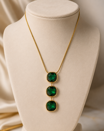 Emerald Green Triple Cushion Crystal Drop Necklace
