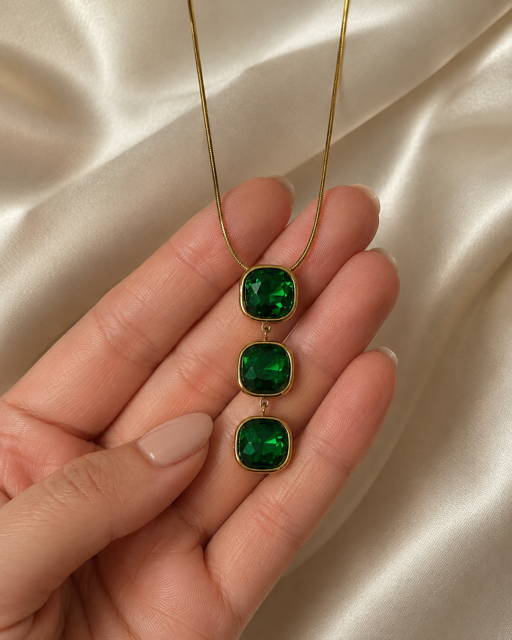 Emerald Green Triple Cushion Crystal Drop Necklace