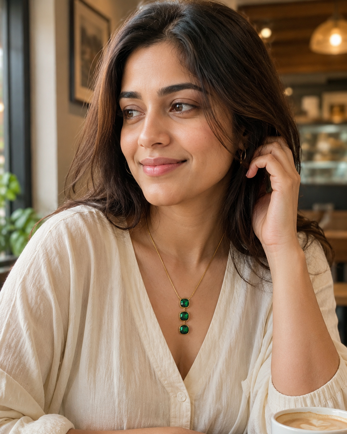 Emerald Green Triple Cushion Crystal Drop Necklace