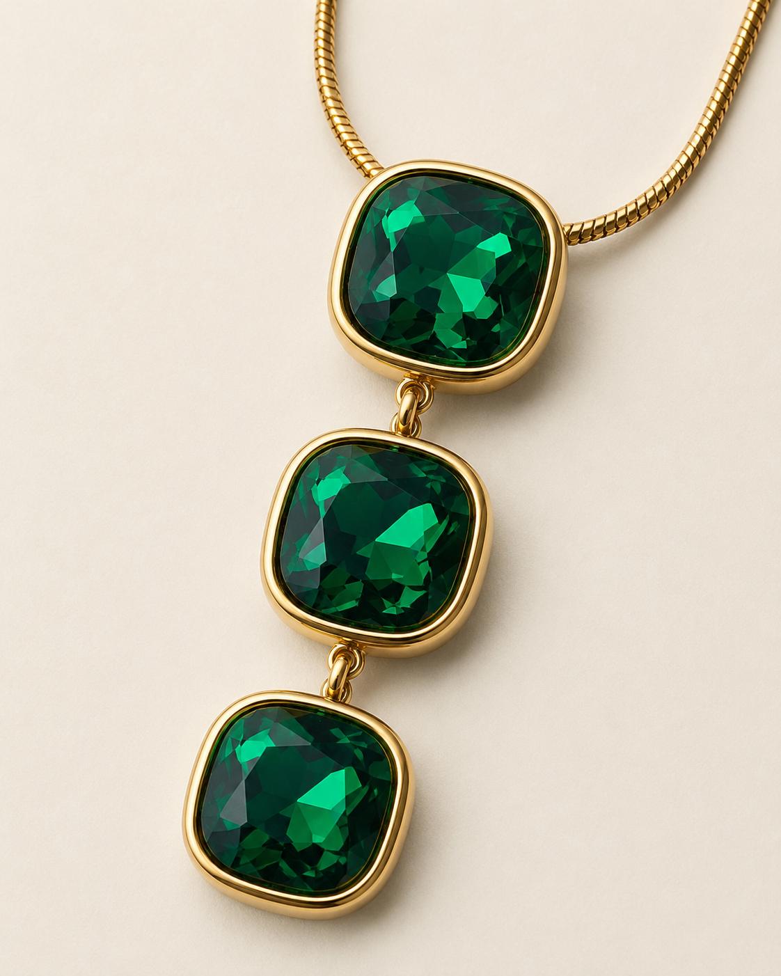 Emerald Green Triple Cushion Crystal Drop Necklace