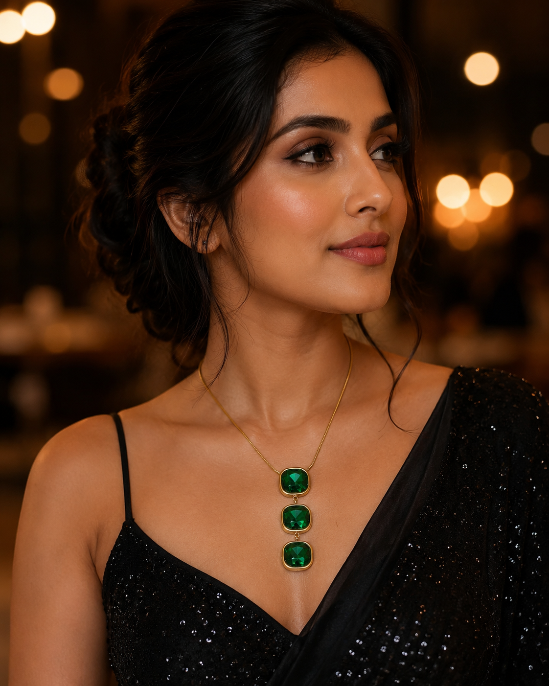 Emerald Green Triple Cushion Crystal Drop Necklace