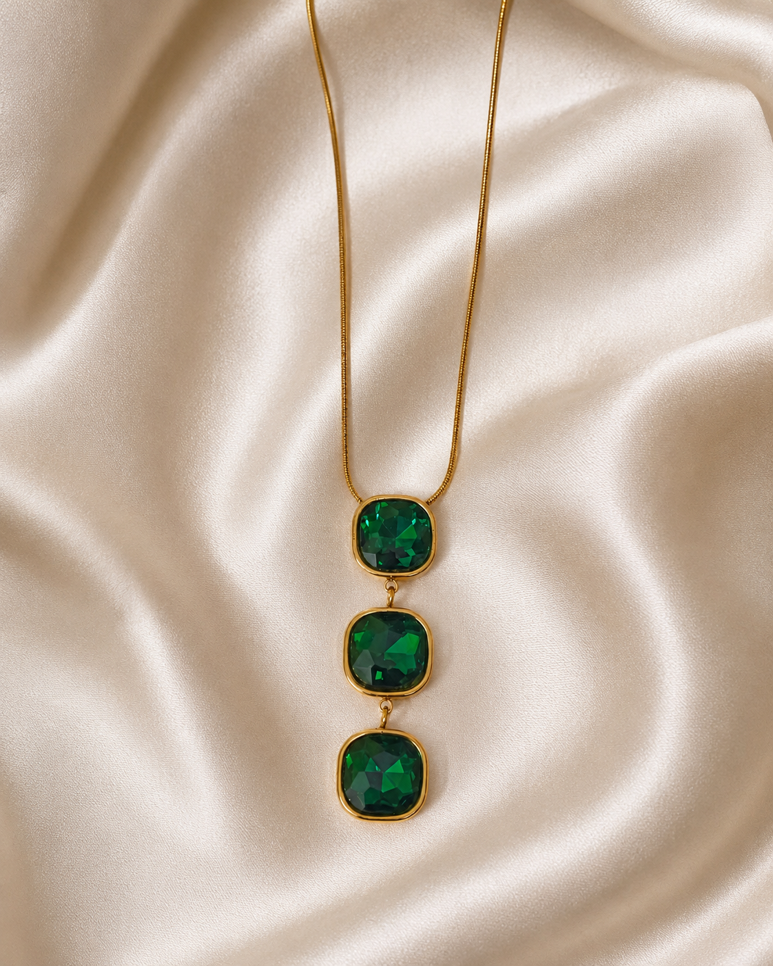 Emerald Green Triple Cushion Crystal Drop Necklace